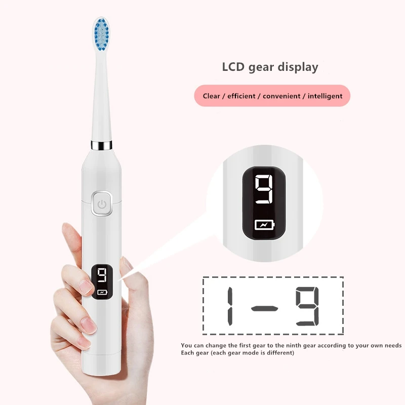 

LED Screen Display 9 Levels Ultrasonic Electric Toothbrush USB Rechargeable Waterproof 2 Brush Heads 1 Face Wash Teeth Whitening