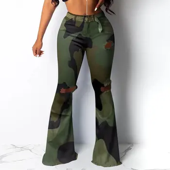 

Casual Flare Camouflage Pants Women Print Ripped Fashion Hot Streetwear Trousers Female Autumn 2019 Green Sexy Bell Bottom Pants