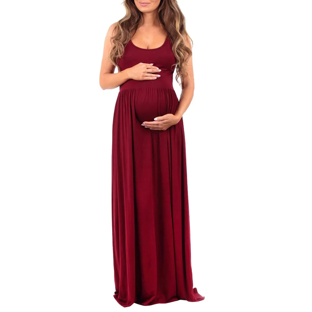 

Women's Maternity dress Sleeveless Casual Ruched Solid Color Plus Size Tank Maxi Dress pregnancy clothes photography ropa #BZ