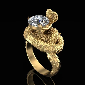 

Huitan Luxury Gold Color Punk Twining Snake Women Ring Exaggerated Python with Men Face Cool Party Solitaire Band Finger Rings