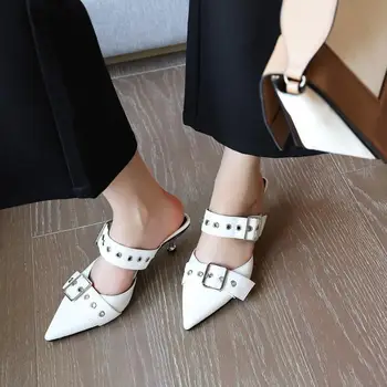 

Shoes Woman 2020 Woman's Slippers Med Women Heels Luxury Slides Pointed Toe New High Soft Designer Thin Bonded Leather Pumps PU
