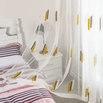 

Luxury Embroidered Yellow $ Gray Wheat Leaf Tulle Curtains For Living Room Pink and Blue Embroidery Curtains White Sheer M161#4