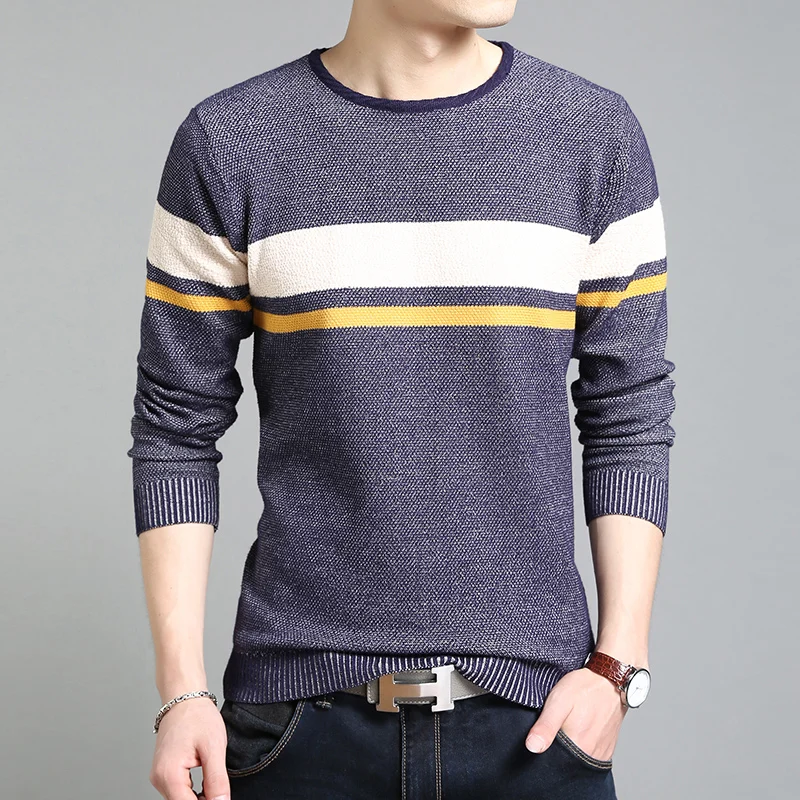 Модный брендовый свитер для мужчин s пуловеры с О-образным вырезом в полоску Облегающие джемперы вязанная Осенняя повседневная мужская одежда в Корейском стиле