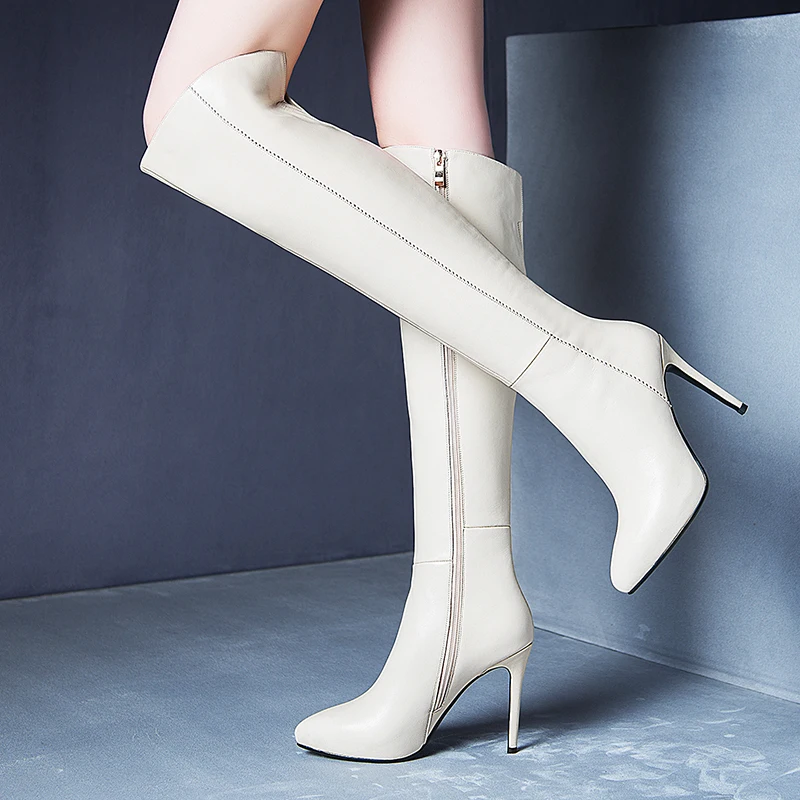 

genuine leather women's boots pointed toe Stiletto super high heel 10cm zipper white black knee boots winter warm women's shoes