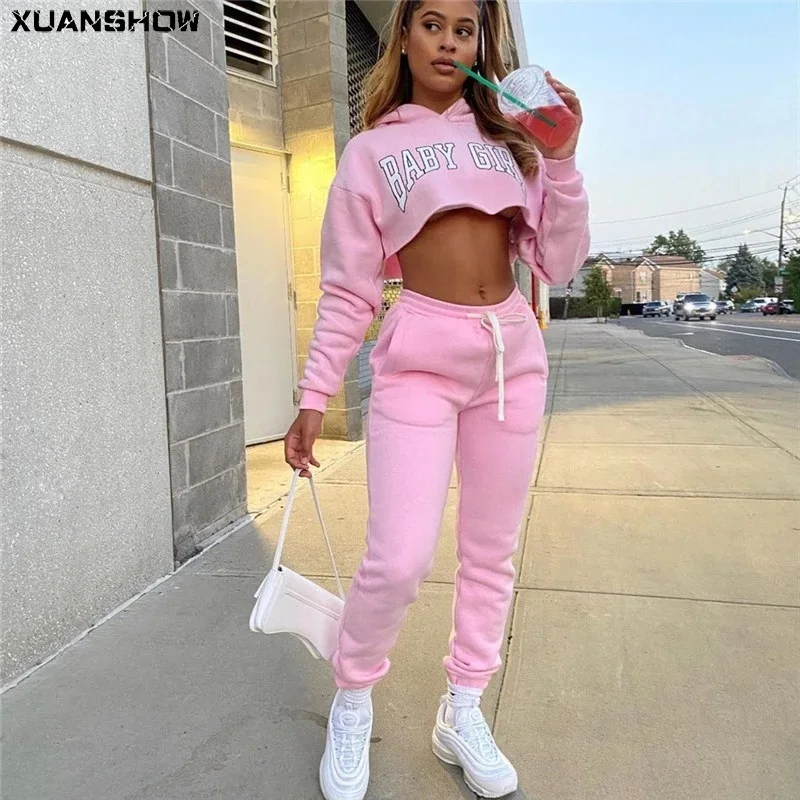 Костюм спортивный женский XUANSHOW укороченный худи и длинные штаны модный костюм