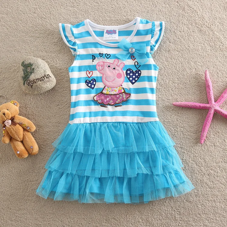 

Peppa Pig Child Girl Cotton Pleated Dress Blue Color Cartoon Striped Embroidered Art Princess Short-Sleeve Dress