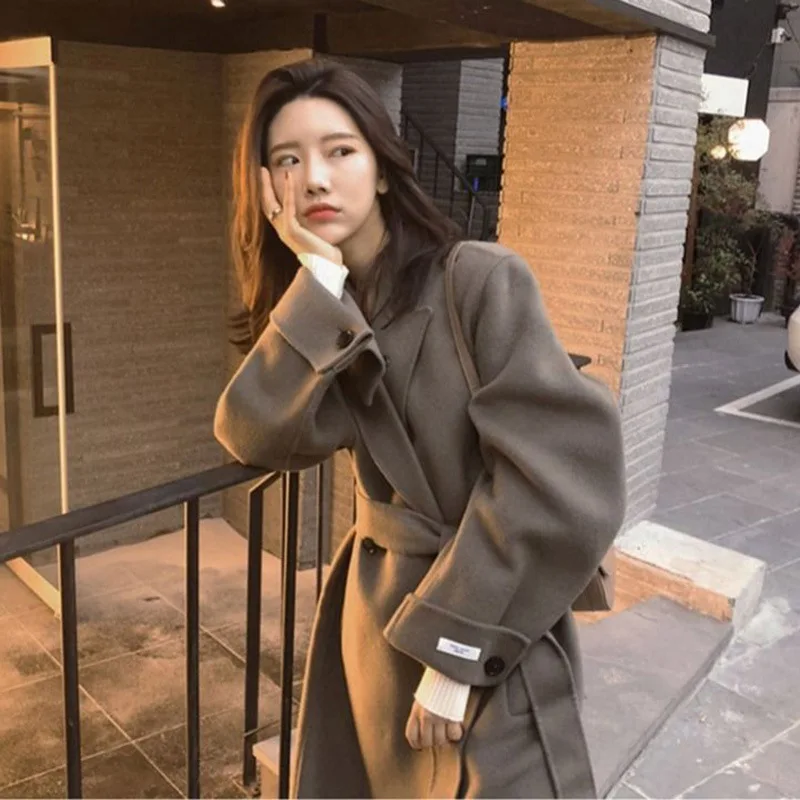 Women Overcoat Outwear Coat Korean Winter Long Loose Cardigans Lace Up Full Sleeve Manteau Femme