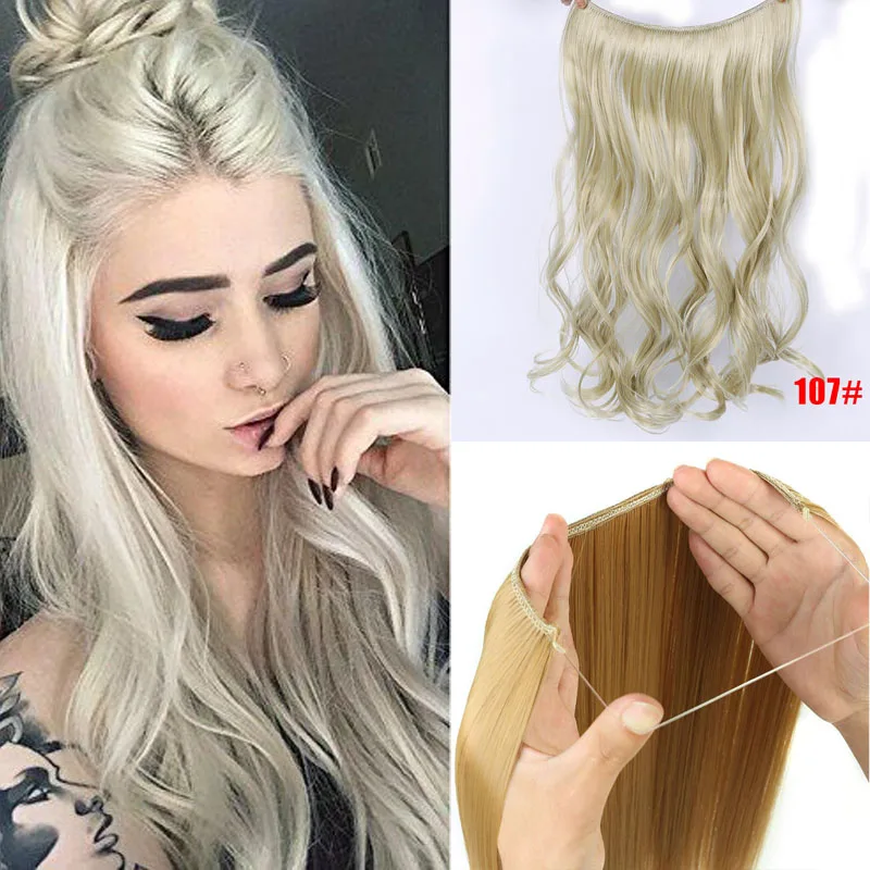 

AOOSOO 24" Invisible Wire No Clips In Hair Extensions Secret Fish Line Hairpieces Silky Natural Syntheti Straight Clip Ins