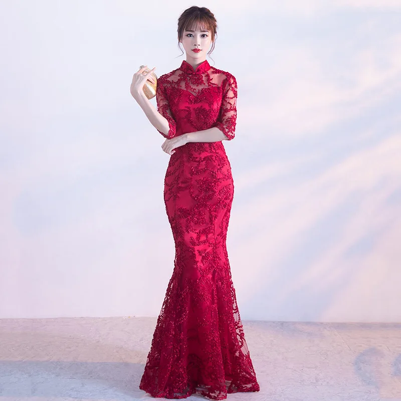 Bridesmaid dress Fashion black Qipao Long Party Cheongsam Oriental Women's Slim Dress Chinese Style Lady sexy Seductive dress