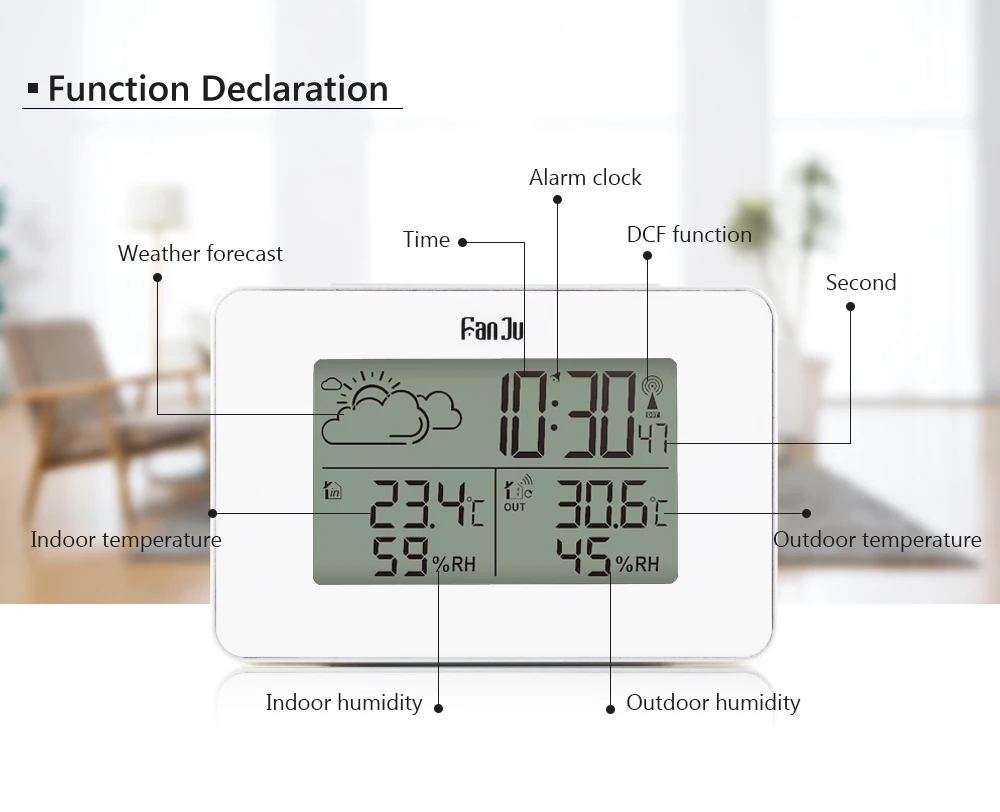 FanJu LCD Digital Alarm Clock Weather Station Wireless Sensor Hygrometer Thermometer Electronic Time Desktop Table Clocks