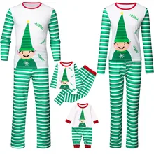 Однотонный Рождественский Модный комбинезон с круглым вырезом и длинными рукавами и принтом в полоску для малышей, комбинезон, Рождественская семейная одежда из полотна