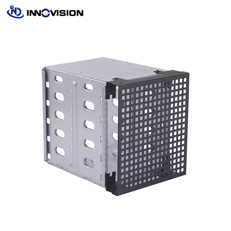 New HDD Hard Driver Tray Rack with Fan Space Hard Drive Cage Adapter Rack Bracket Stainless Steel Cage 5.25" to 5x 3.5"