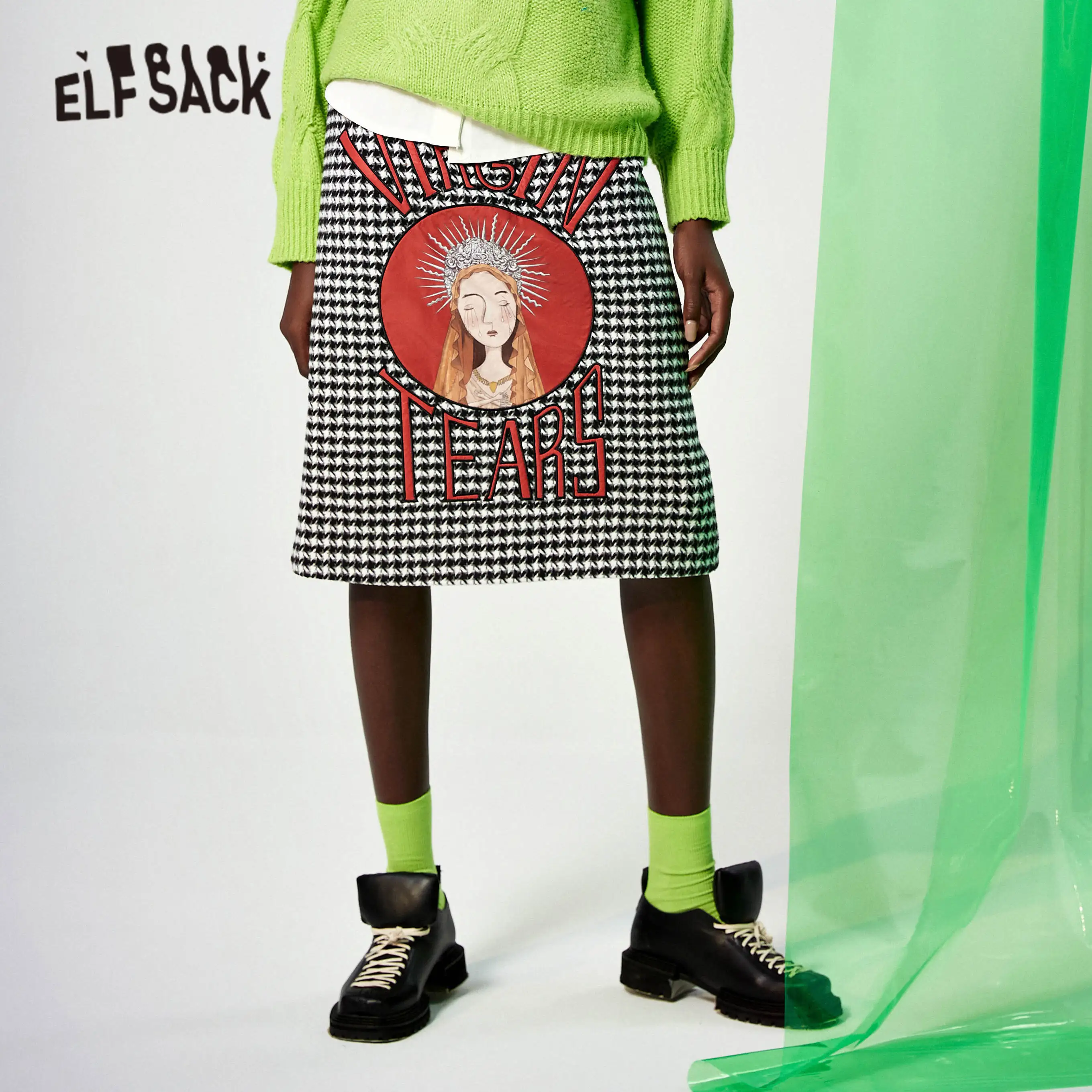 Женская шерстяная юбка с аппликацией ELFSACK черно-белая облегающая офисная высокой