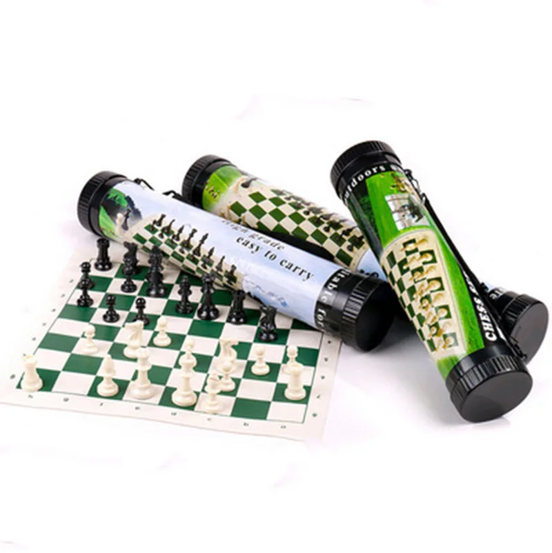 Outdoor Travel Portable Chess Set Barrel Child Gift Folding Chessboard Plastic Chess Pieces Family Board Games Kids Set