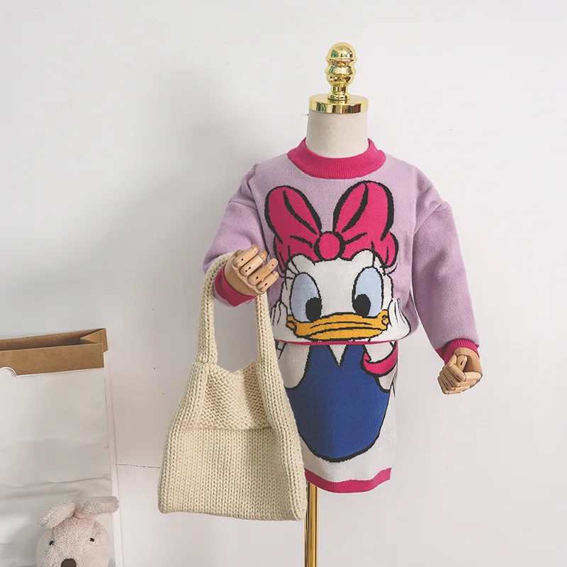 Свитер для девочек, комплект одежды с ромашками, вязаный детский зимний костюм из 2 предметов милый свитер, рубашка и юбка одежда для маленьких девочек