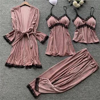 

Lady 4PCS Pajamas Suit Velour Sleepwear Sexy Long Sleeve Nighrgown Lingerie Sexy Blue Lace Kimono Bathrobe Gown Home Clothing