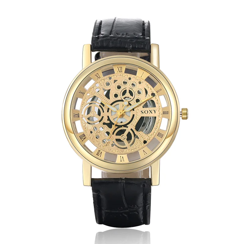 SOXY Роскошные уникальные золотые часы со скелетом relogio masculino мужские часы модные мужские часы кожаный ремешок Часы montre homme - Цвет: Black-Gold