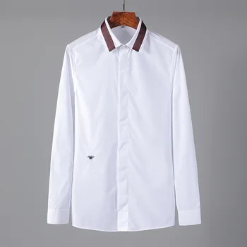 

2019 Men Business Shirt Long Sleeve Designer Bee Embroidery Top Quality Combed Cotton Man Casual Solid Clothing Chemise Homme