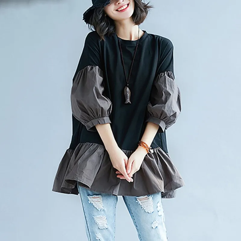 

Women Blouse Shirts Fall Plus Size Spliced Ruffle Femme Elegant Lady Loose Fashion Top Large Clothing 2019 Black Tee