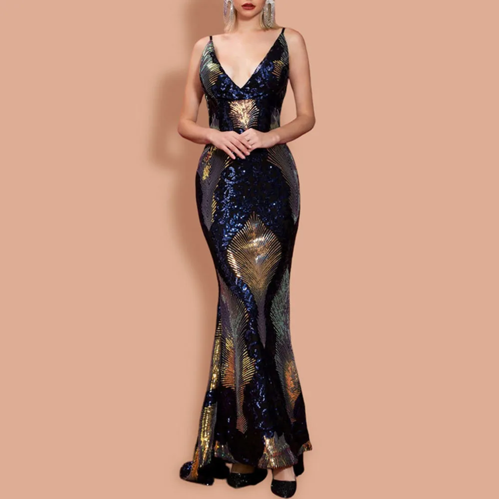 

elegant black v neck prom evening party dress spaghetti straps mermaid sequins sleeveless backless trumpet gown long dresses