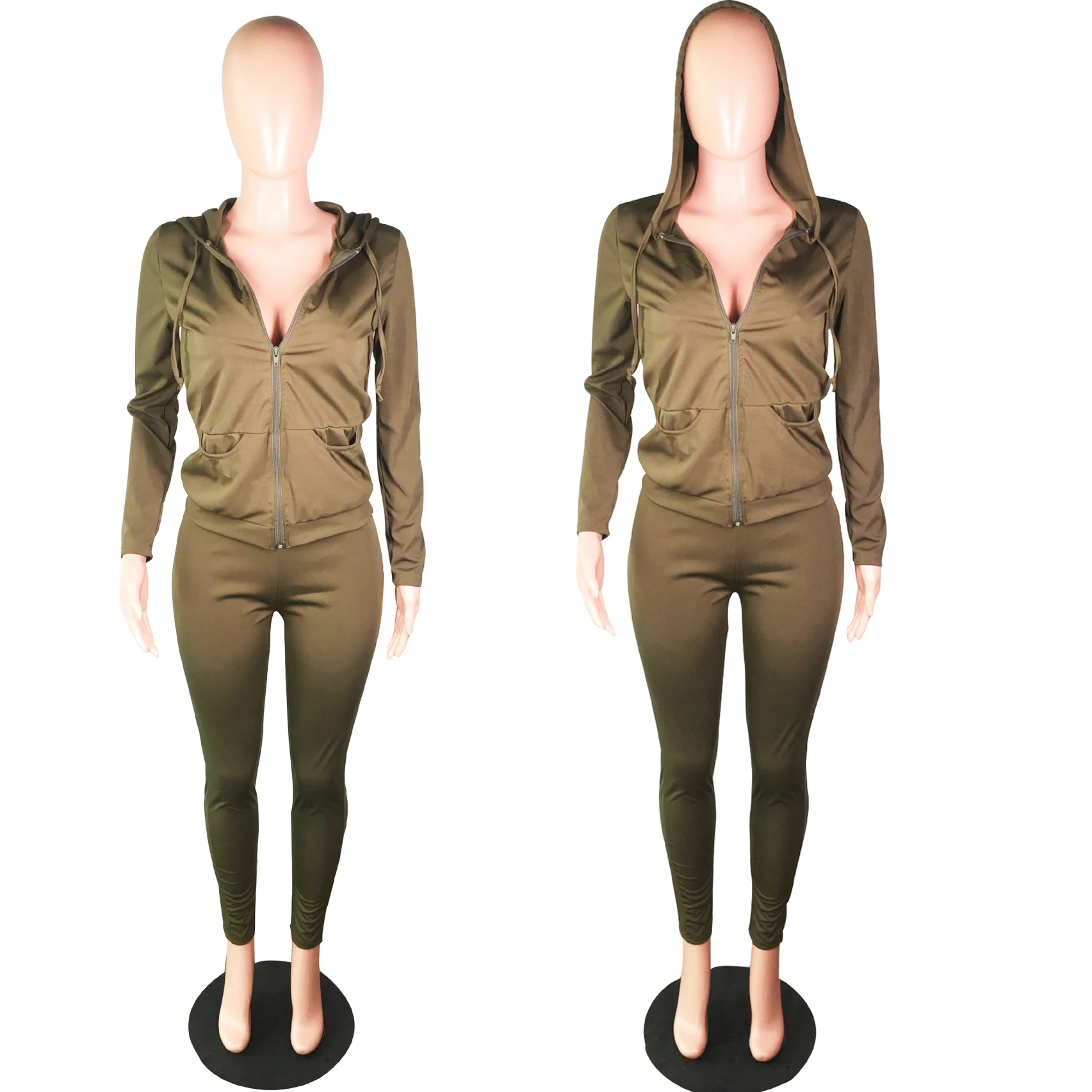 Yellow Sexy Skinny Two Piece Set Women Autumn Winter Long Sleeves Hooded Zipper Top And Full Length Pant Solid Casual Tracksuits