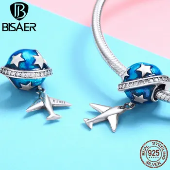 

BISAER Silver Beads for Women Jewelry Making 925 Sterling Silver Blue Enamel Plane Charms for Original Silver Bracelet HSC887