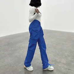 Pantalon Cargo ample à taille haute pour femmes, poches solides en V, salopette de rue, pantalon droit, plat 