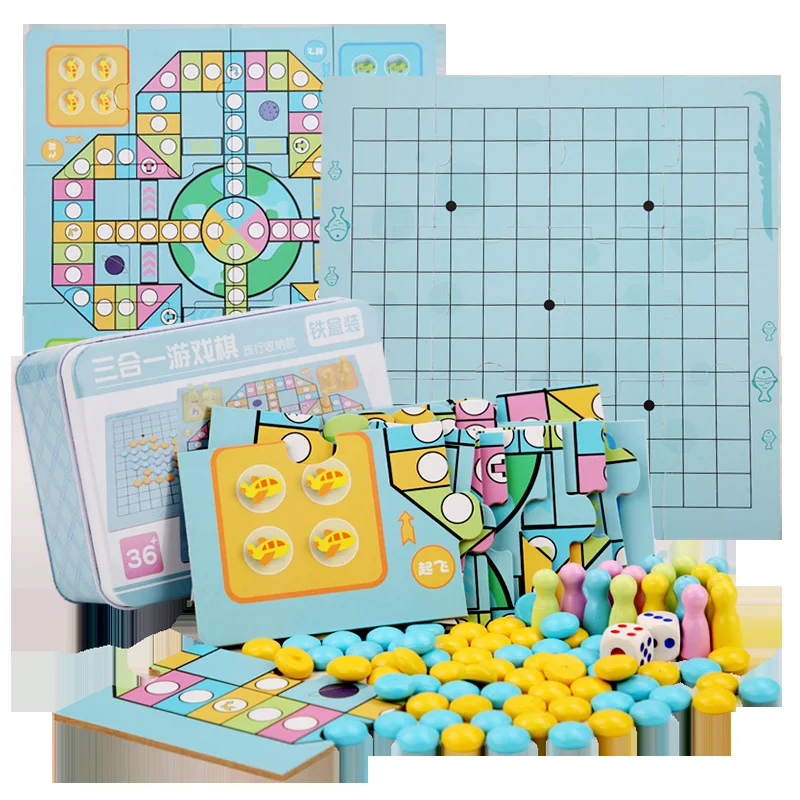 

Children's Puzzle Board Games 3 In 1 Gobang Flying Chess Set With Puzzle Chessboard Travel Portable Multi-functional Game Chess