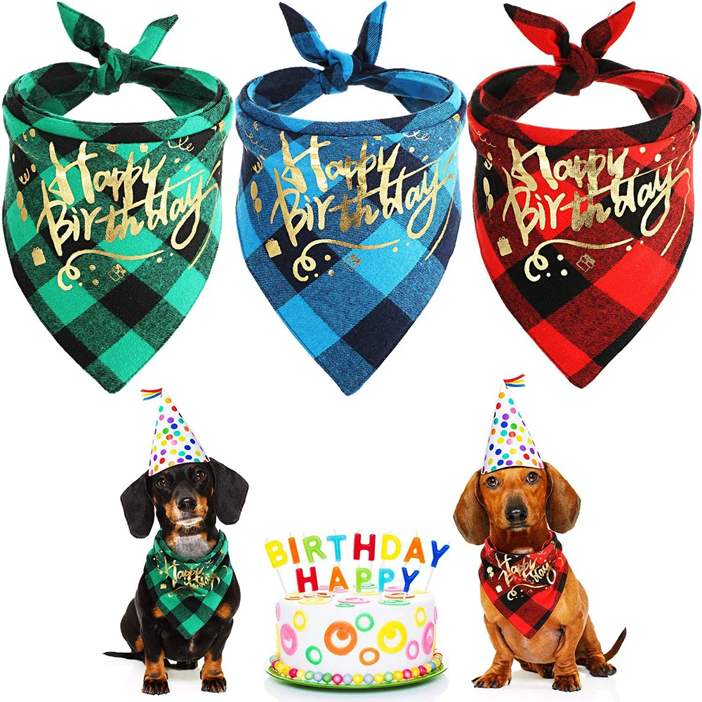 

Dog Birthday Bandanas Dog Cat Birthday Scarf Double Layer Pet Plaid Kerchief Washable Reversible Printed Triangular Bibs Cotton