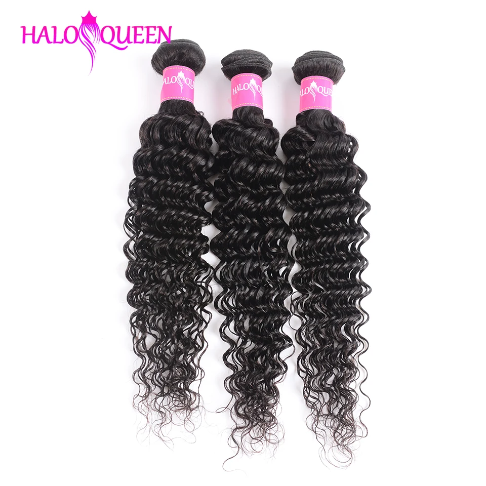

HALOQUEEN 3 pieces Deep Wave Bundles Peruvian Hair Weave Bundles 100% Human Natural Color Non Remy Hair Extensions for Black