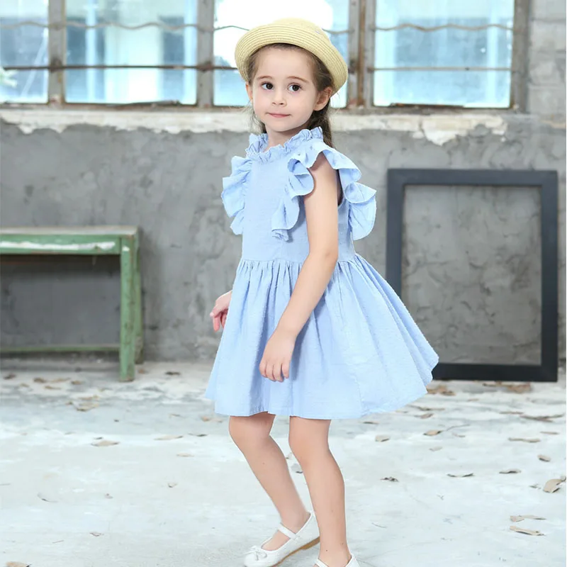 Красивая Детская сказочная Одежда для маленьких девочек; сезон лето; сплошной цвет оборки; рукав-лепесток; Повседневные Вечерние платья принцессы на свадьбу; цвет синий, розовый, желтый; одежда