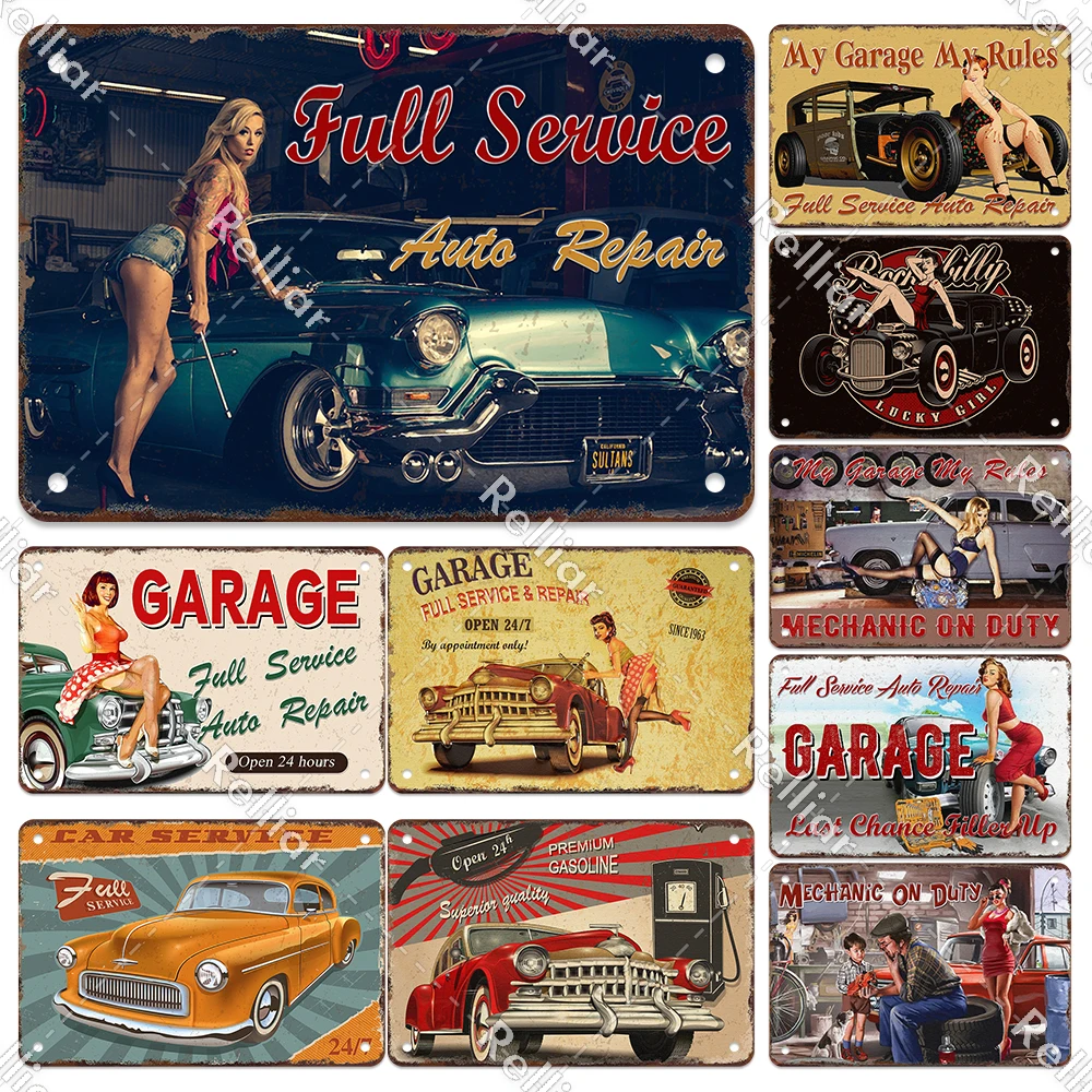Vintage Pin-Up Girl And Garage Metal Tin Sign Stazione Di Servizio Garage Decor Plate Wall Art Painting Poster Servizio Completo Riparazione Automatic