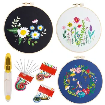 

3 Sets Embroidery Starter Kit with Pattern and Instructions, Cross Stitch Kit Include 3 Embroidery Clothes with Floral