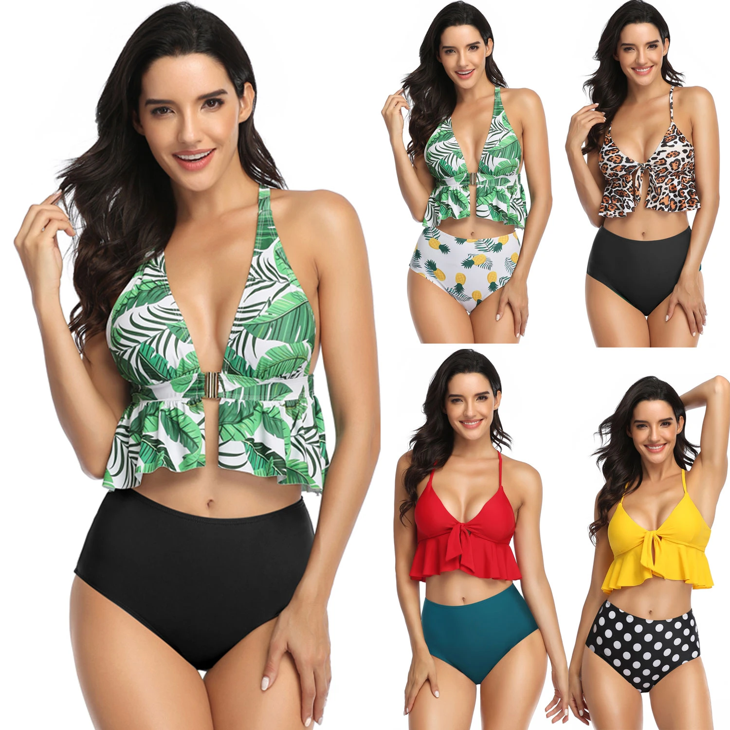 flounce bikini top with high waisted bottoms