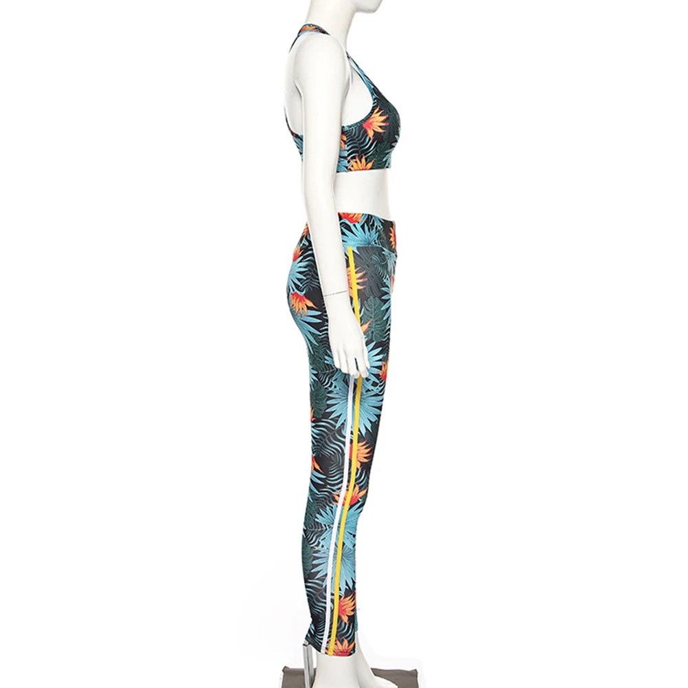Women 2 Pcs Yoga Set Gym Fitness Clothes Floral Print Bra+ Long Pants Running Tights Jogging Workout Yoga Leggings Sport Suit