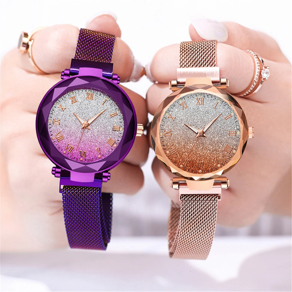 

Hot Sale Women Magnet Buckle Gradient Color Luminous Roma Watch Luxury Ladies Stainless Steel Quartz Watches For Gift Clock