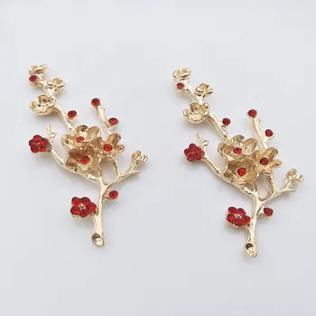 

10PCS 3*6.5cm Metal Alloy Red Crystal Rhinestone Flowers Branch Connectors For Bridal Headwear Accessories DIY Jewelry Findings