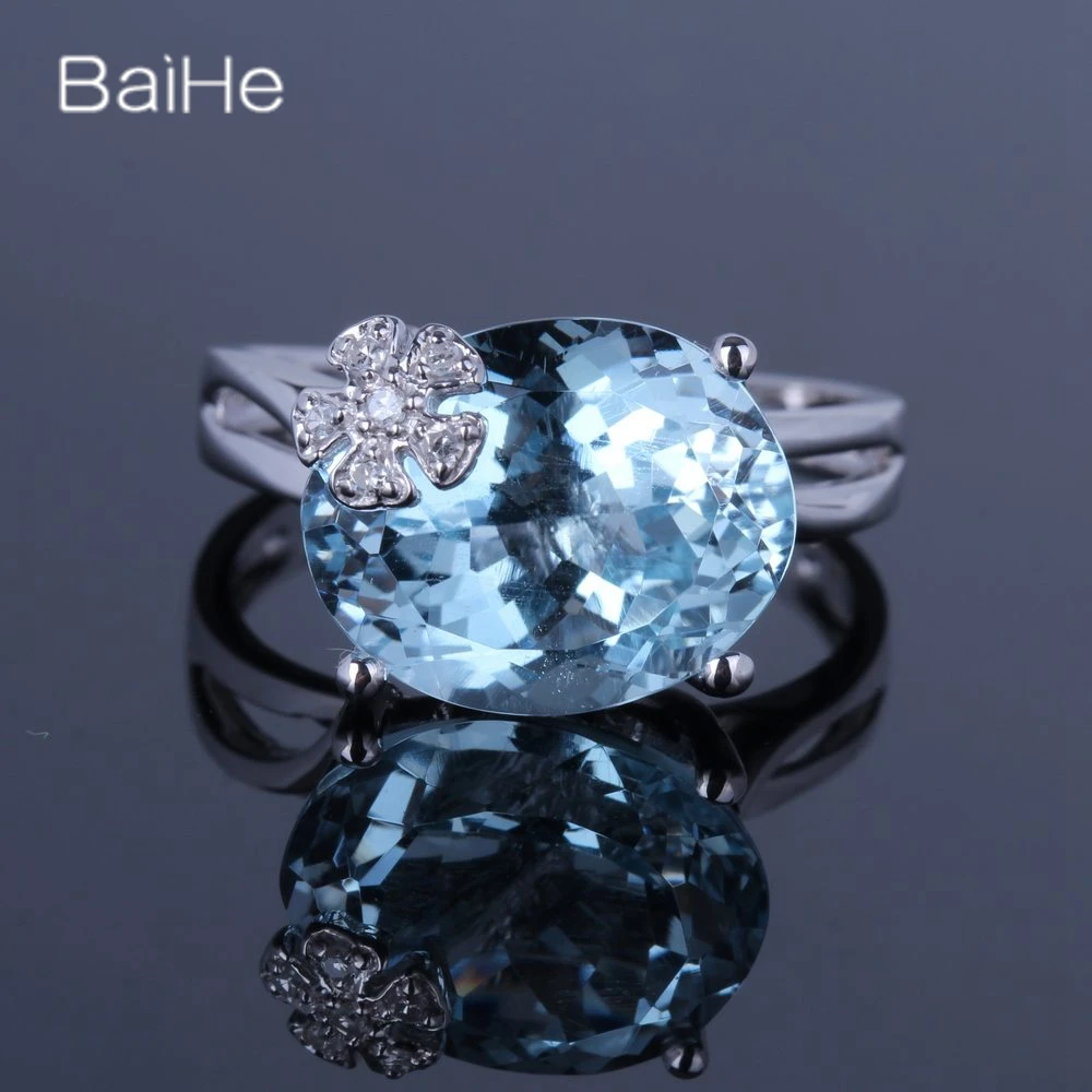 

BAIHE Solid 14K White Gold Natural Blue Topaz rings for women Trendy Everyday Wear Party Fine Jewelry anillos mujer anel bague