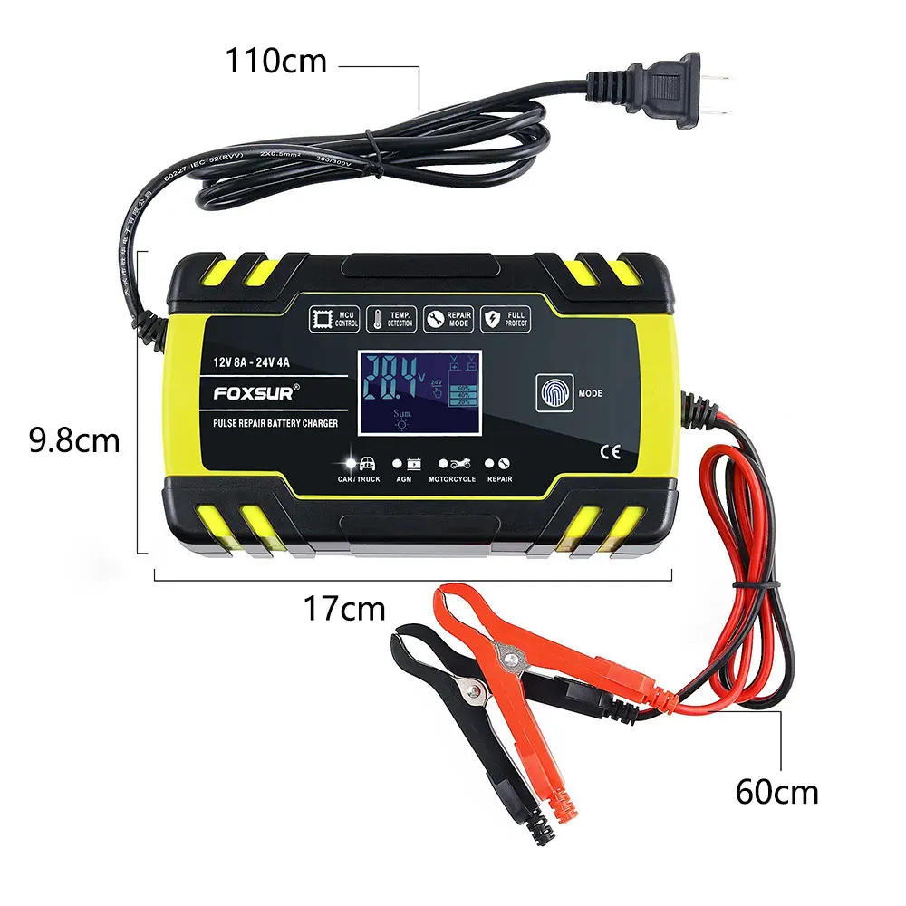 Screen - FOXSUR 12V 24V 8A  Automatic Battery Charger 3-stage  Pulse Repair LCD Display Smart Car Battery Charger GEL Lead-Acid WETF