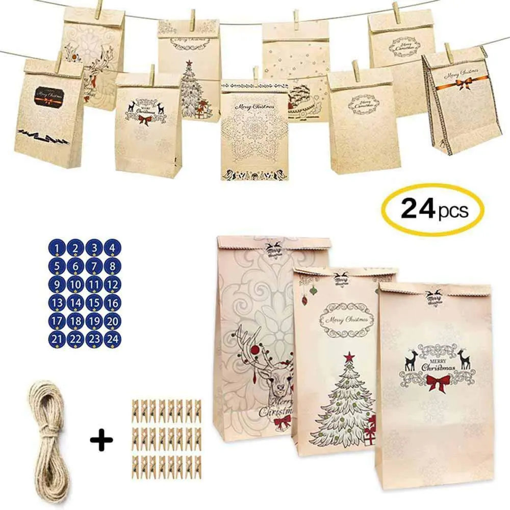 

Christmas Advent Calendar Gift Bags Set 24 Days Christmas Tree Decor Kraft Paper Candy Nut Bag Cute Baking Paper Bag For Kids