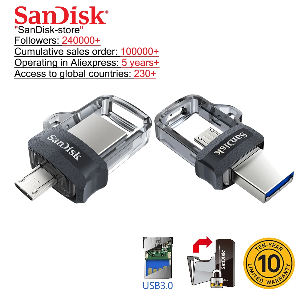 SanDisk оригинальный OTG USB флэш-накопитель 32 Гб 16 3 0 две мини-ручки накопители 128 64