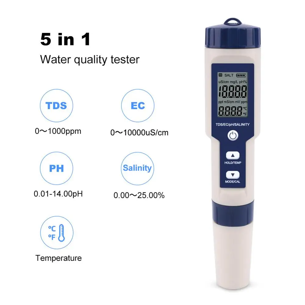Yieryi 5 в 1 TDS/EC/PH/соленость/измеритель температуры цифровой контроль качества воды тестер для бассейнов, питьевой воды, аквариумов - Color: ez-9909