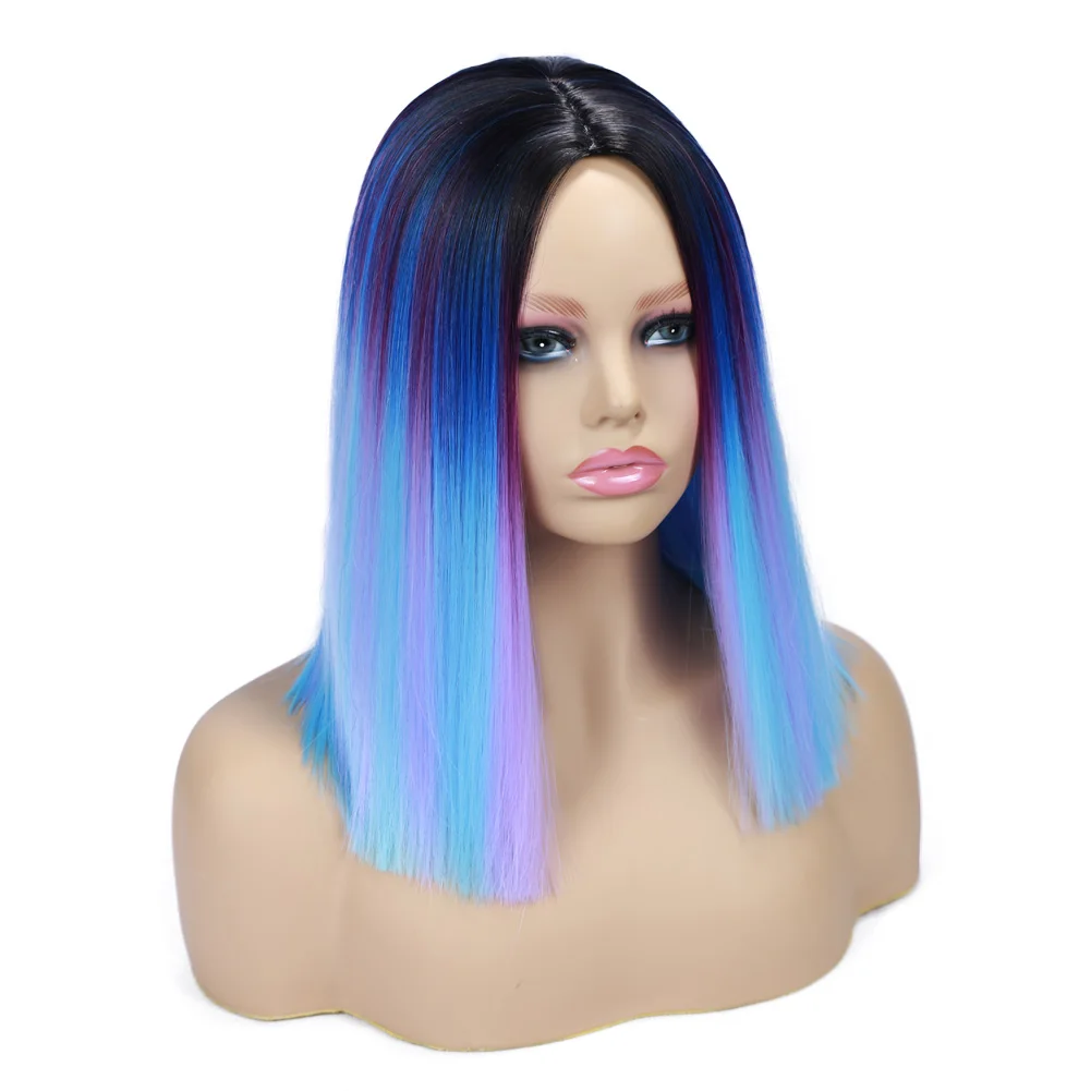 FAVE Ombre парики короткий боб синтетический парик Радуга Красочные прямые волосы средняя часть косплей Термостойкое волокно Forr черный для женщин