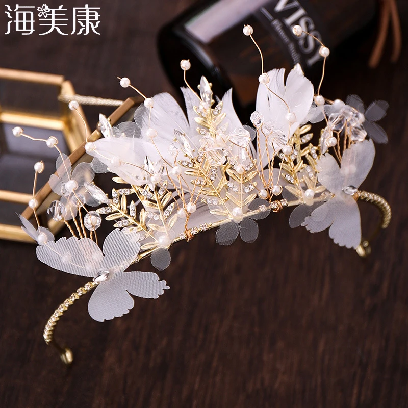 

Haimeikang Light Pink Bride Wedding Crown Feather Tulle Butterfly Adorn Pearl Rhinestone Headband Banquet Tiara Hair Bands