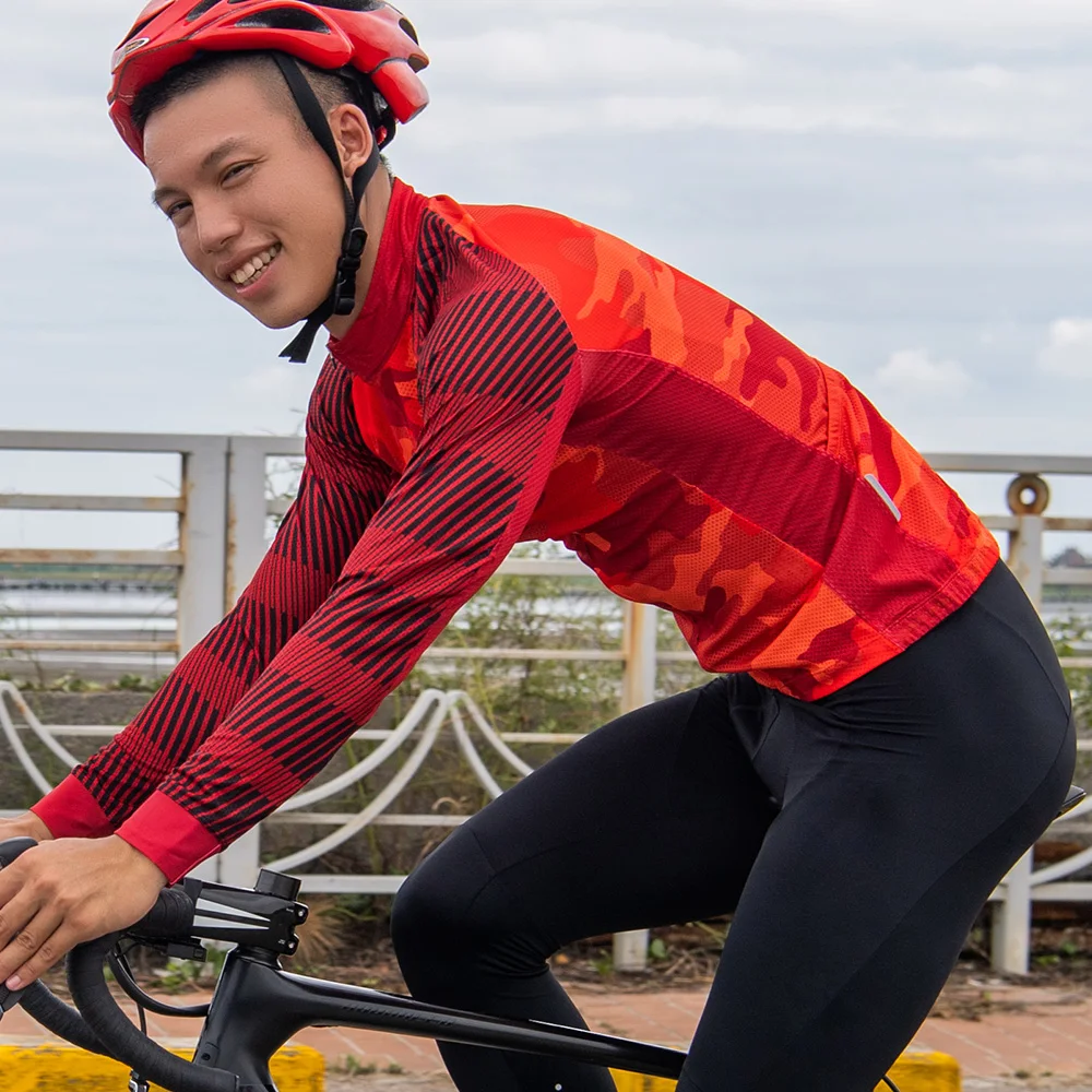 CHEJI Камуфляж красный мужские с длинным рукавом Велоспорт Джерси полная молния Три задних кармана велосипед рубашки быстросохнущая одежда для велосипеда