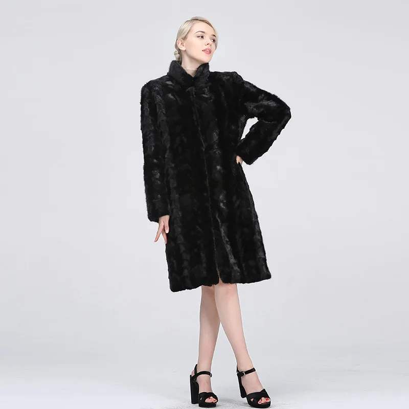 Новая коллекция года: настоящая норковая шуба в стиле пэчворк, шуба из натуральной норки для женщин, кожаная куртка длиной 100 см - Цвет: Черный