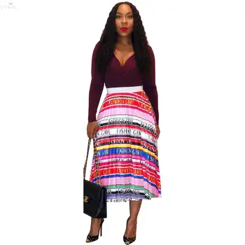

2020 Winter Women Spring Pleated Skirts Striped Print High Waist Bohemian Skirt Beach Streetwear Night Clubwear Sexy Midi Skirts