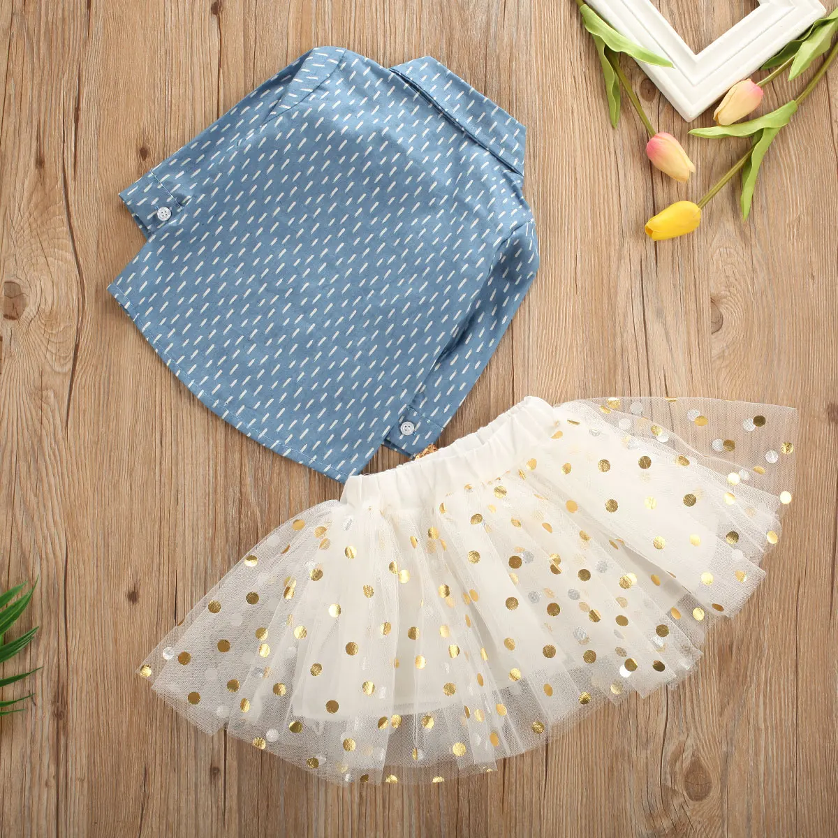 Изысканная одежда для девочек топы день рождения для новорожденных девочек Джинсовая рубашка юбка для вечеринок из тюля 2 шт. осенняя одежда