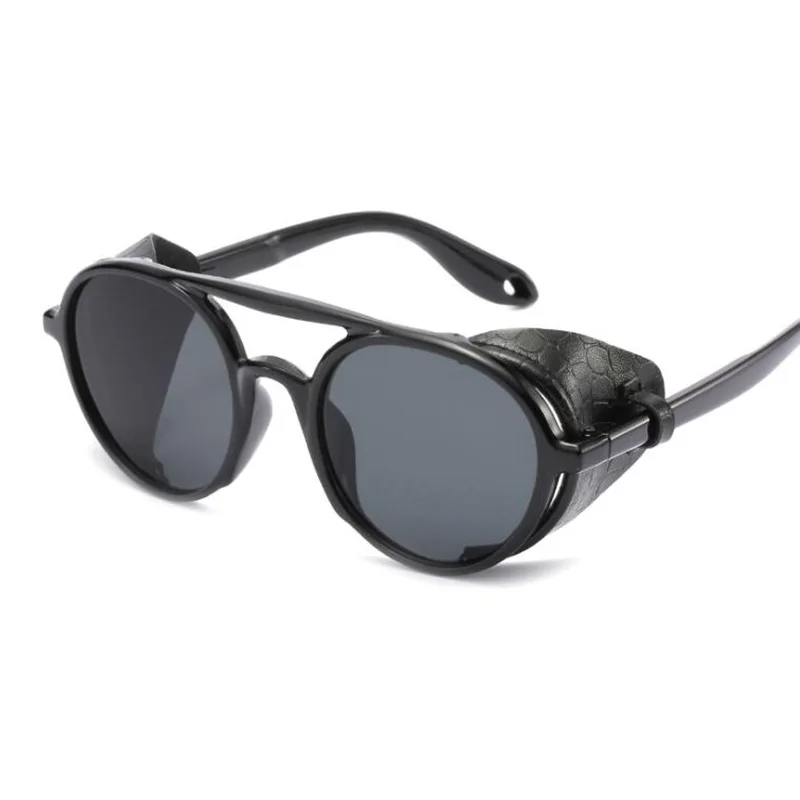 RBENN винтажные мужские солнцезащитные очки в стиле стимпанк женские брендовые дизайнерские Круглые Солнцезащитные очки с кожаной боковой защитой Модные очки в стиле стимпанк - Цвет линз: Black Black