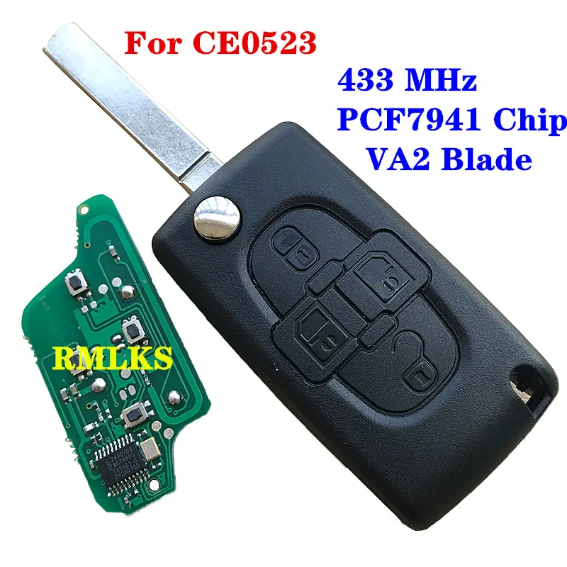 4 кнопки дистанционного ключа для автомобиля peugeot 807 1007 CE0523 ID46 PCF7941 чип HU83 VA2 Blade ASK FSK 433 МГц сигнал для Citroen